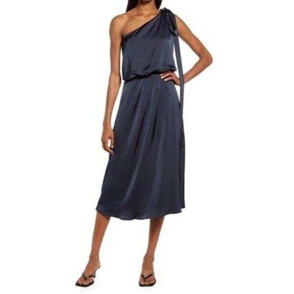 Amy Lynn Navy Blue One Shoulder Tie  Satin Evening Midi Dress Size Medium - Picture 2 of 11